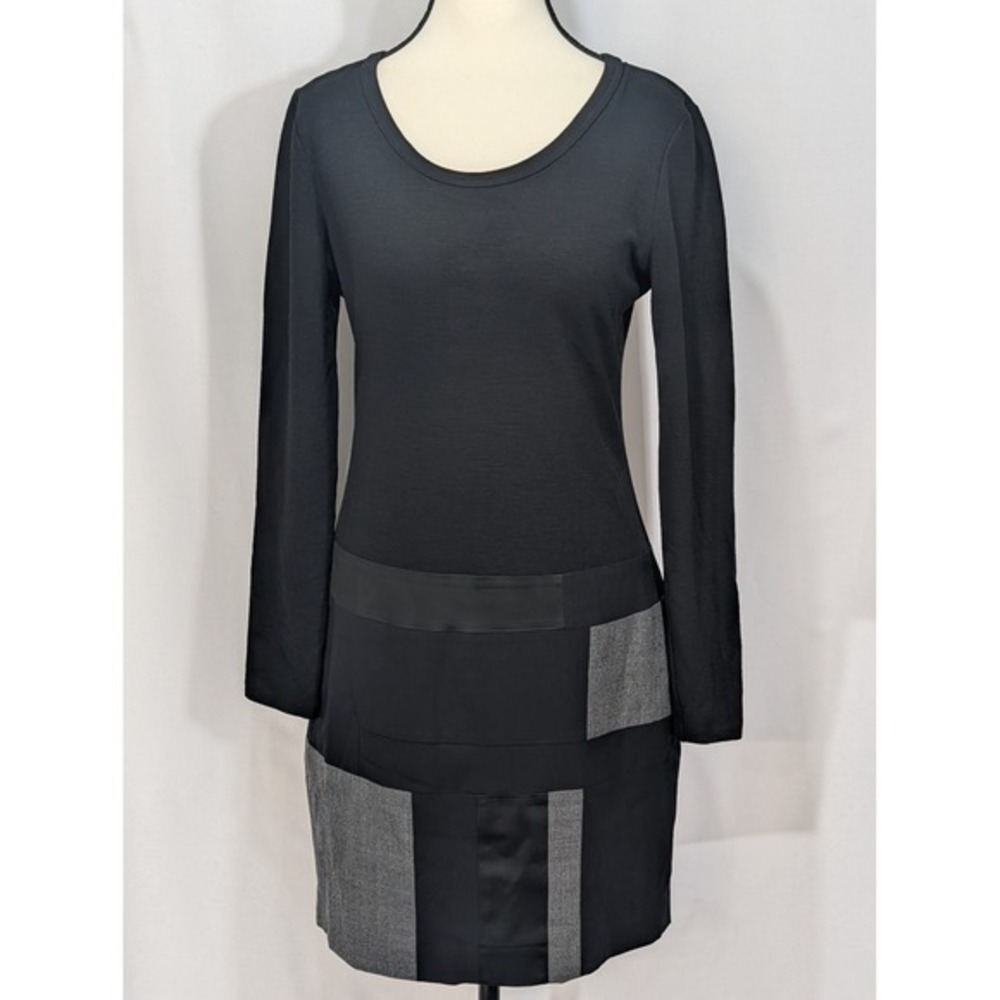 DKNY Black Gray Patchwork Wool Blend Long Sleeve Dress Size 4‎
